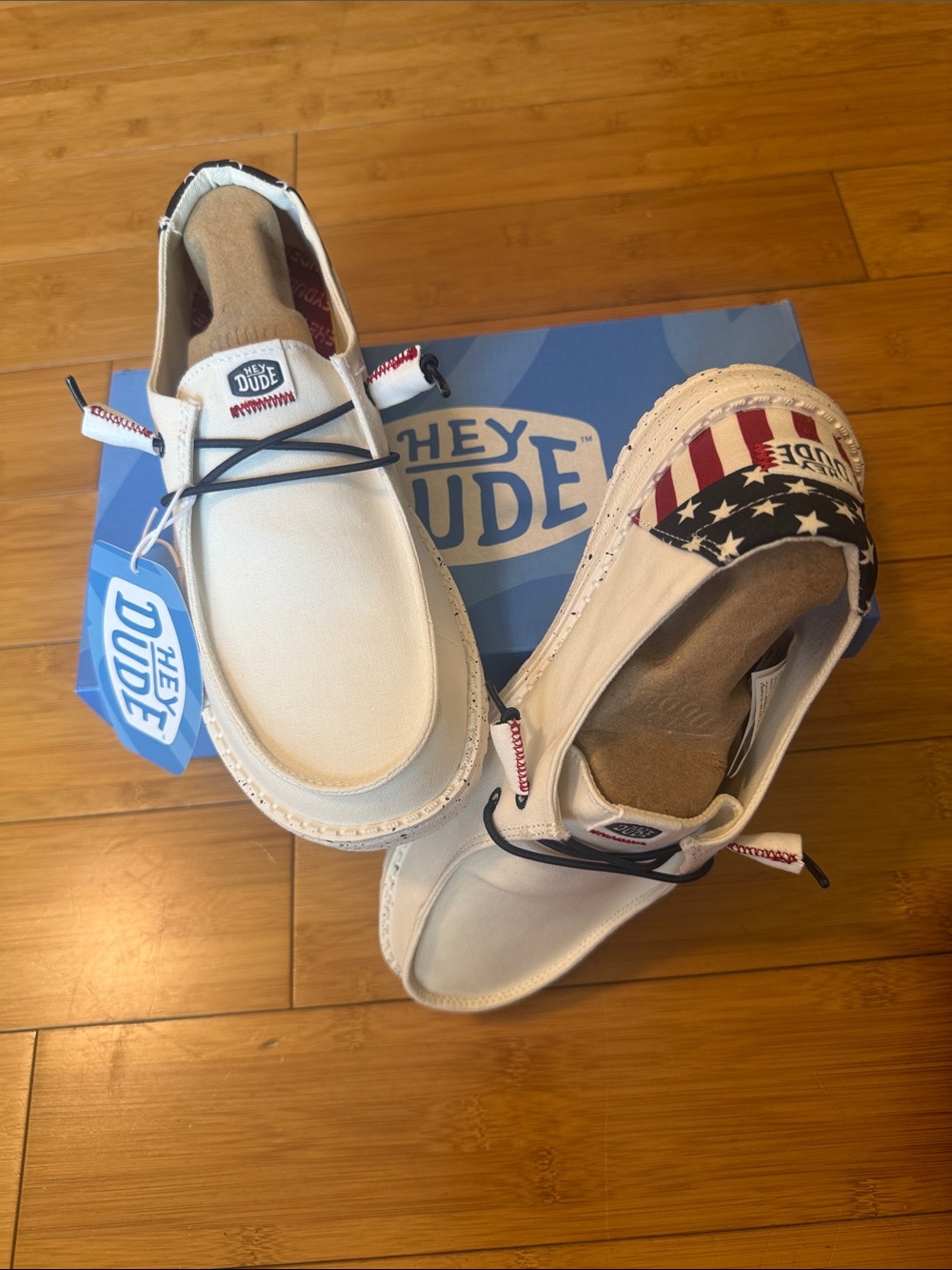 Hey Dude White Canvas Slip-On Loafers with American Flag Accent